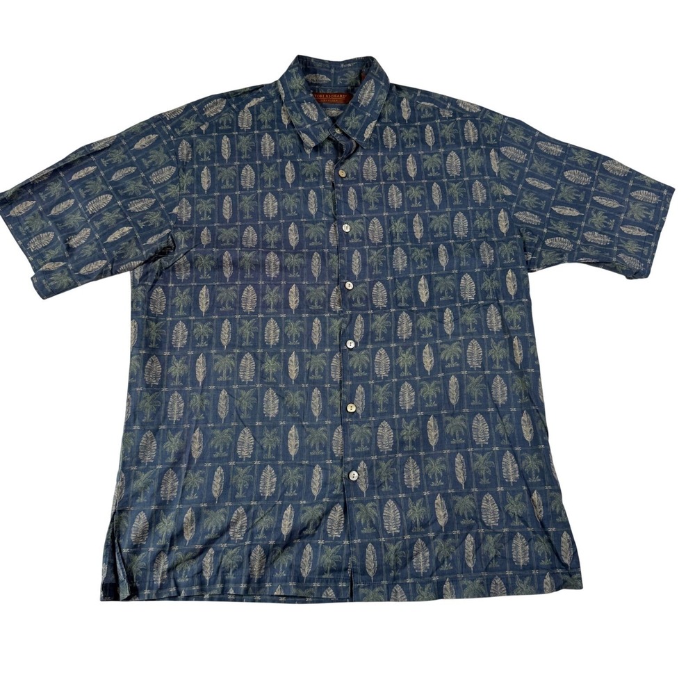 Tori Richard Mens Medium Blue Cotton Palm Leaf Tropical Button Up Resort Shirt M